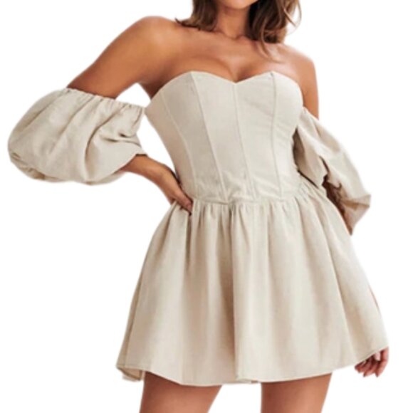 NWT Meshki Sina Ruffle-Sleeve Mini Dress Beige Linen Blend Boutique Designer XS - Picture 1 of 15